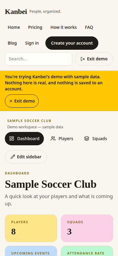 Screenshot of the Kanbei demo dashboard with sample data on a phone-width screen, showing the site header, demo banner, and dashboard stat blocks.