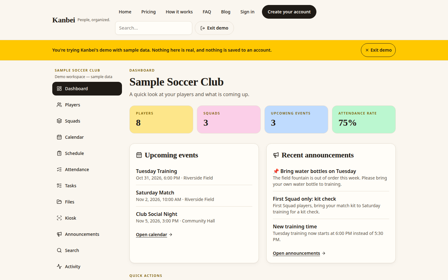 Screenshot of the Kanbei demo dashboard with sample data for the Sample Soccer Club, showing stat blocks, upcoming events, and announcements, with the site header and sidebar.